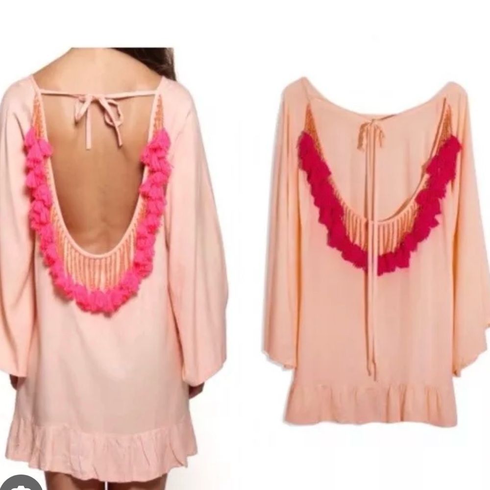 Sundress the label Tunic wear over swimsuit With pink tassels on back Size XS